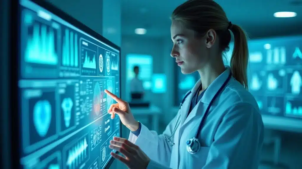 AI-powered workflow venture capital trends healthcare, medical professional with touchscreen ai interface, vertical AI sector application, photorealistic, digital charts