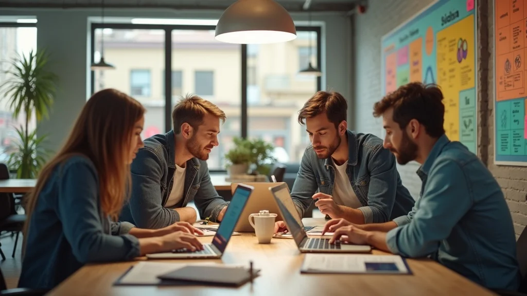 Vibrant Orange County innovation hub workspace with founders and mentors brainstorming at open desks, showing the collaborative OC startup ecosystem