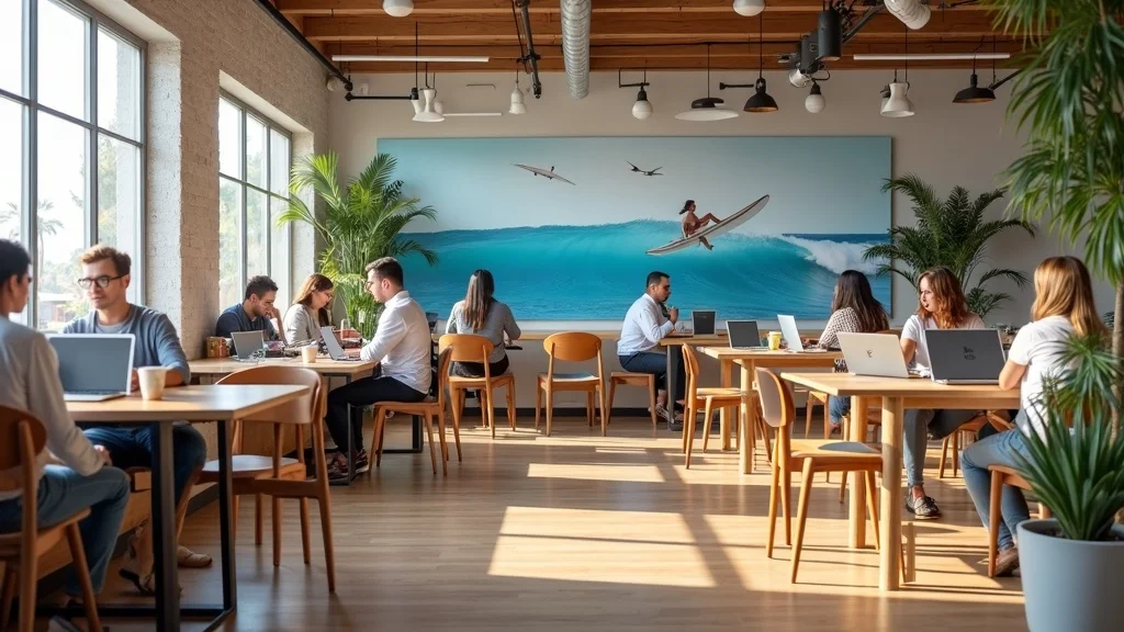 Bright interior of a Huntington Beach coworking space—founders working at communal tables, wall murals of surf and innovation, in an open-plan, vibrant atmosphere