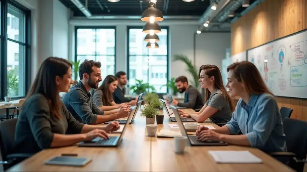 Innovative startup accelerator workspace filled with founders and mentors collaborating on orange county medtech startup growth strategies in an energetic, industrial-chic coworking space.