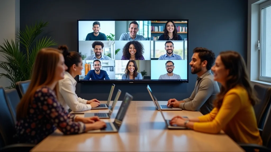 Group of diverse professionals engaged in a virtual meeting, with laptops open, collaborating in a modern conference room, showcasing remote teamwork dynamics relevant to Orange County tech startups.