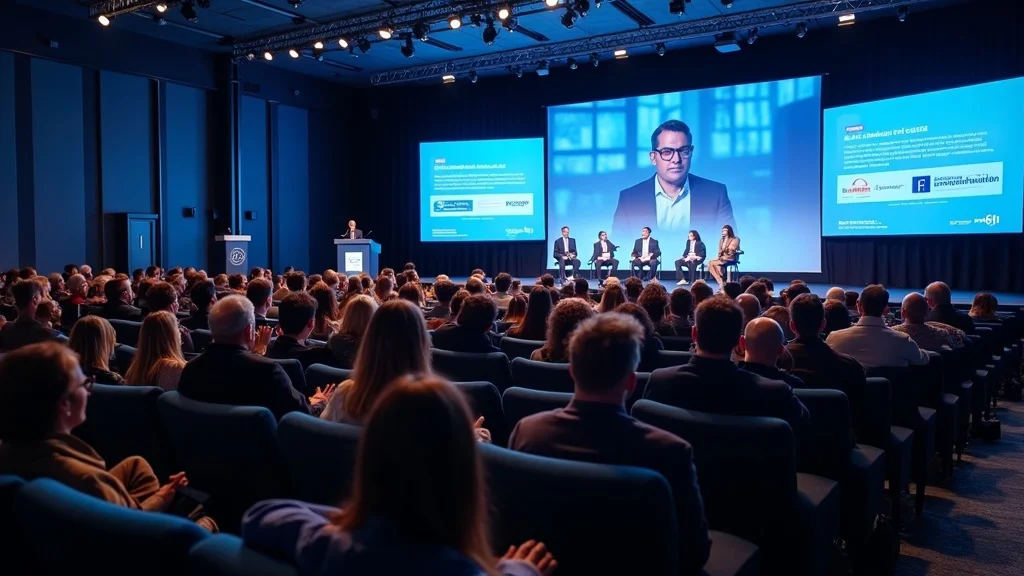 Audience at a healthtech startup event, panel discussion on stage with speakers, large screen displaying branding and information, highlighting collaboration opportunities in Orange County's healthtech ecosystem.