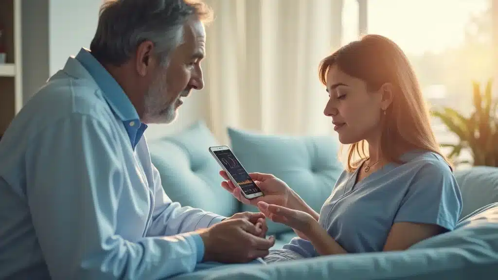 High-tech home patient monitoring for ASC adoption, showcasing a content patient using modern medtech devices at home—illustrating orange county medtech startup growth strategies for clinical efficiency.