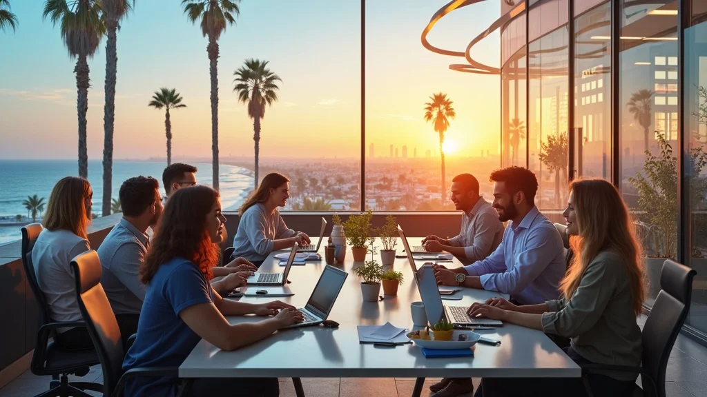 Group of diverse professionals collaborating in a modern office with a sunset view over the ocean, symbolizing the vibrant healthtech startup ecosystem in Orange County.