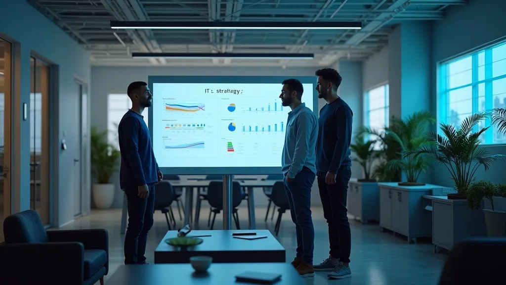 Startup founders reviewing IT strategy in a Huntington Beach tech office—digital whiteboard, high-tech workspace, and collaborative founders focused on business operations