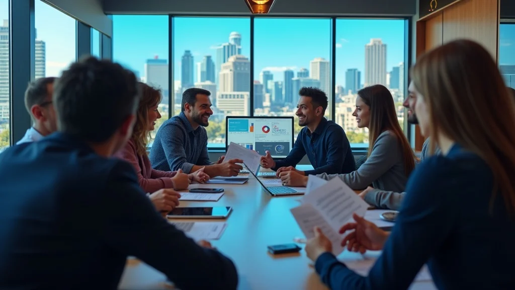 Vibrant group of diverse entrepreneurs collaborating around a digital screen with technical charts in a modern Irvine coworking space — irvine ca tech startup growth guide, photorealistic, high depth of field