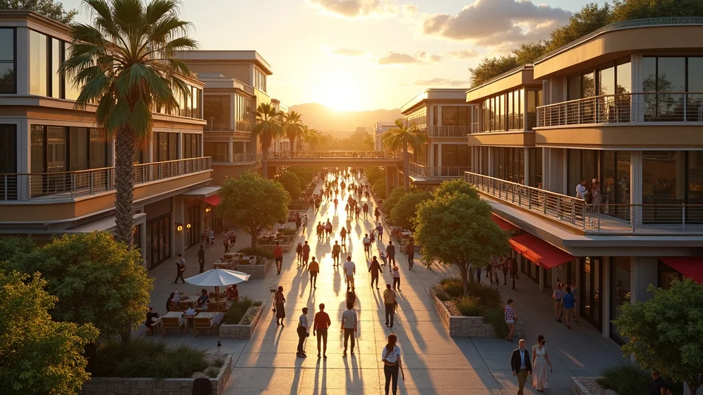 Sunset view of a vibrant urban plaza in Orange County, California, with people walking, palm trees, modern buildings, and outdoor seating areas, highlighting the tech ecosystem and community engagement.