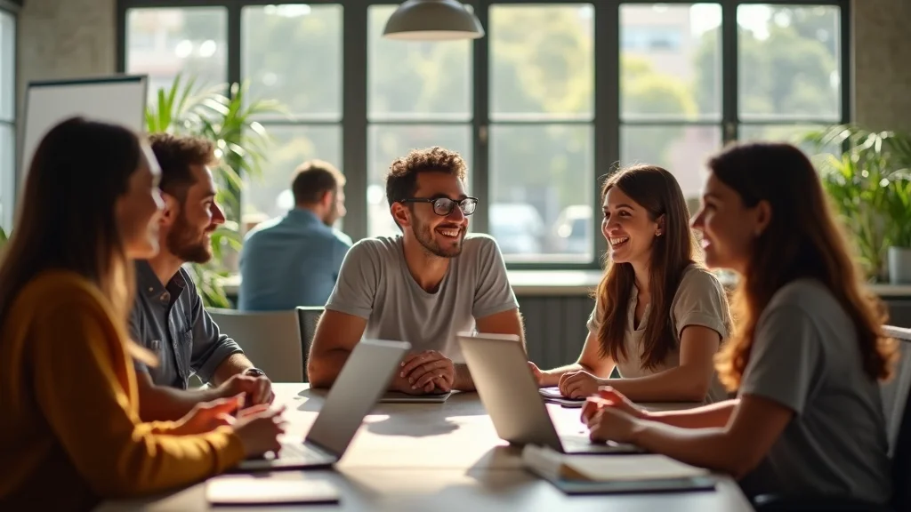 Group of diverse professionals collaborating in a bright office, discussing startup funding strategies and innovation in Orange County, with laptops and notes on the table.