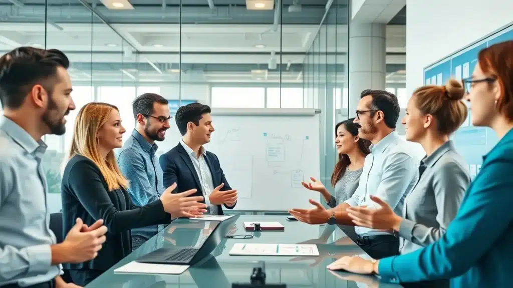 Founder-led storytelling B2B in a modern workspace brainstorming session with engaged business professionals