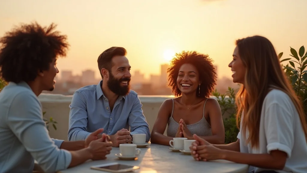 Group of diverse individuals enjoying coffee and sharing ideas at a rooftop workspace during sunset, symbolizing collaboration and community in the Costa Mesa tech startup ecosystem.