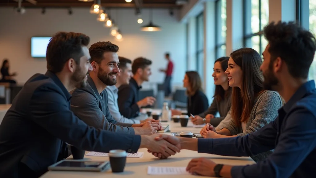 Group of diverse professionals engaging in a networking event, shaking hands and discussing strategies for healthtech startups in a modern workspace.