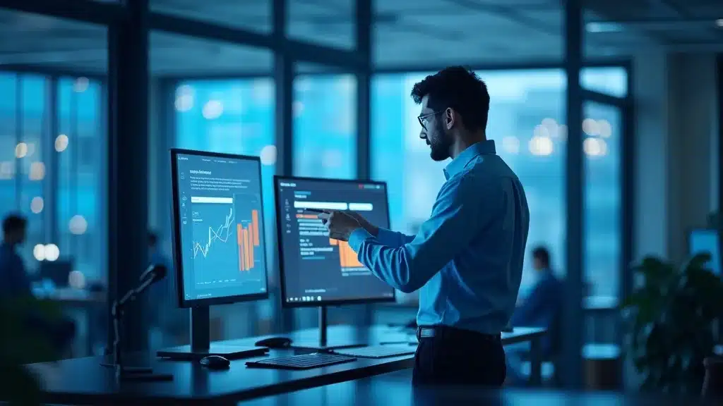 Orange County SaaS Startup Marketing Strategy - Marketer reviewing AI-powered SEO dashboard in a modern office