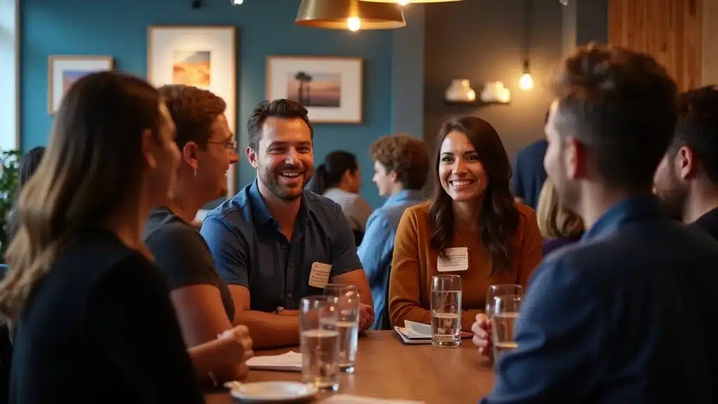 Orange County SaaS Startup Marketing Strategy - Tech networking event, professionals mingling in coworking lounge, connecting over business ideas