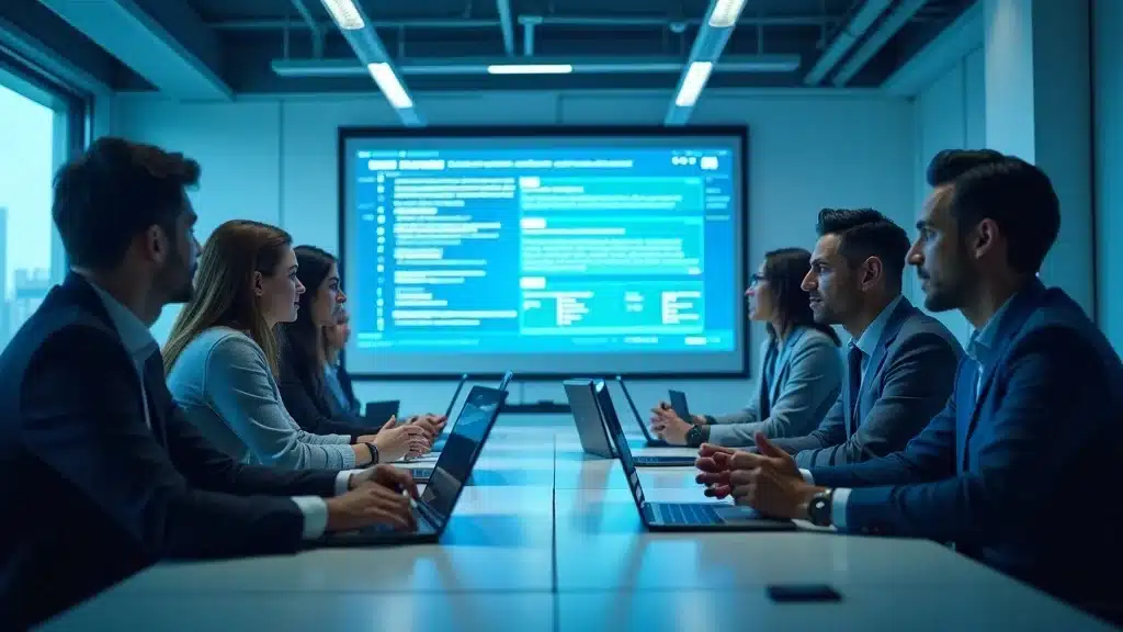 Classic search results (blue links) fading into AI-generated answer cards; team discussing data and snippets — answer engine optimization strategies visual.