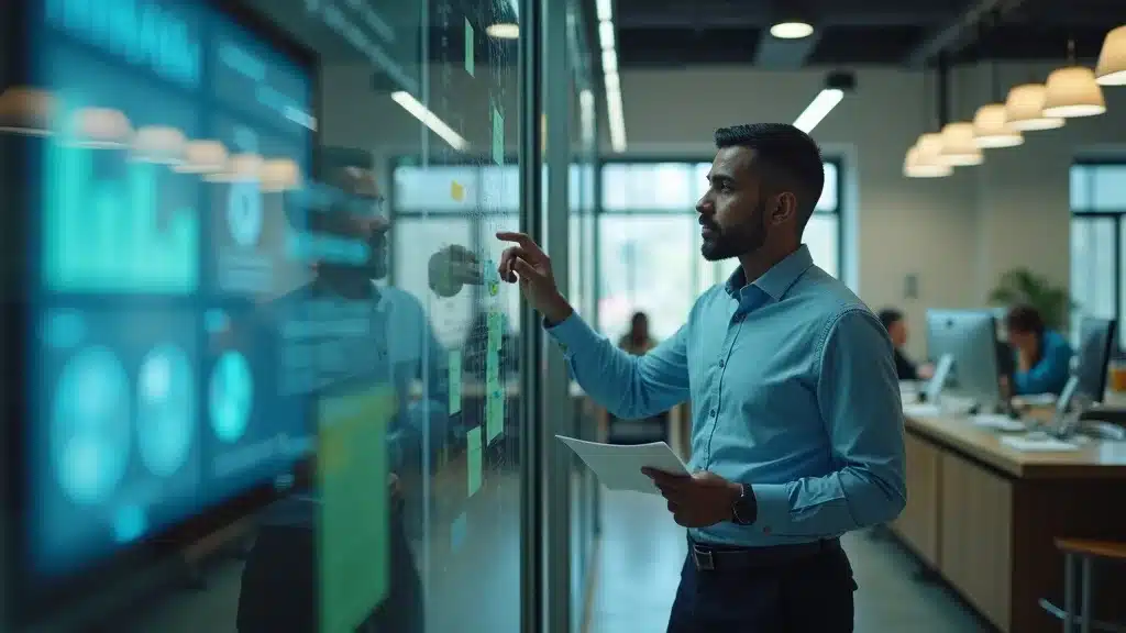 Business professional analyzing data on a glass wall in a modern office, demonstrating agile decision-making and learning agility in a tech startup environment.