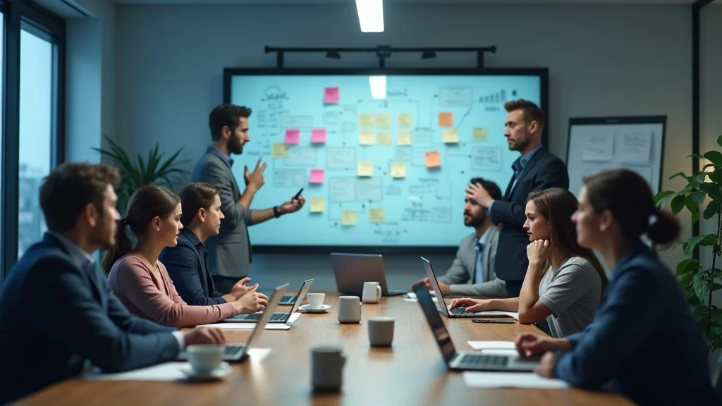 Business meeting with diverse professionals discussing process optimization and strategy, featuring a presentation board with flowcharts and sticky notes, laptops on the table, and a focus on collaboration in a modern office setting.