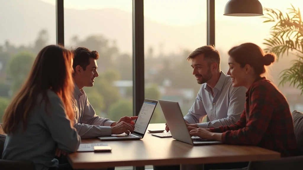 Friendly SaaS customer success meeting in Orange County, one-on-one onboarding in a modern sunlit office, pointing to laptop, supporting reduce customer churn strategies