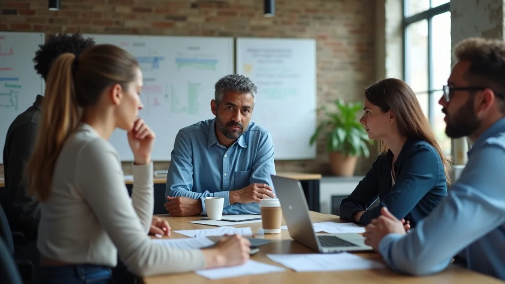 Insightful group of diverse startup founders thoughtfully reviewing pitch materials demonstrating AI startup readiness