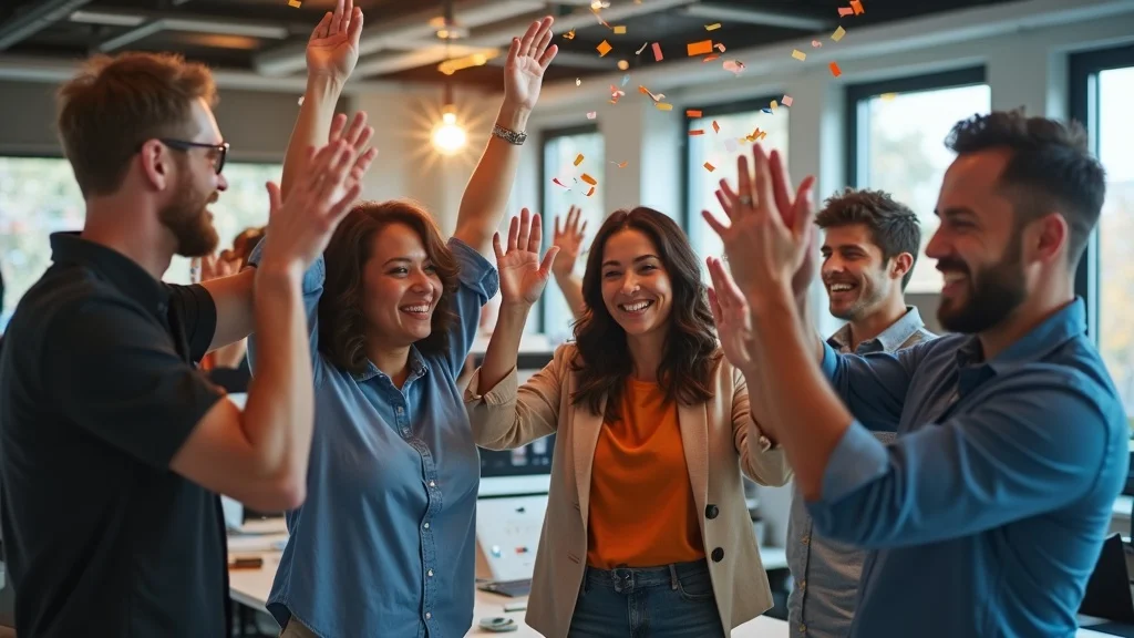 Energetic SaaS team in Orange County celebrating retention milestone, high-fives and confetti in a bright office, signifying successful strategies to reduce customer churn