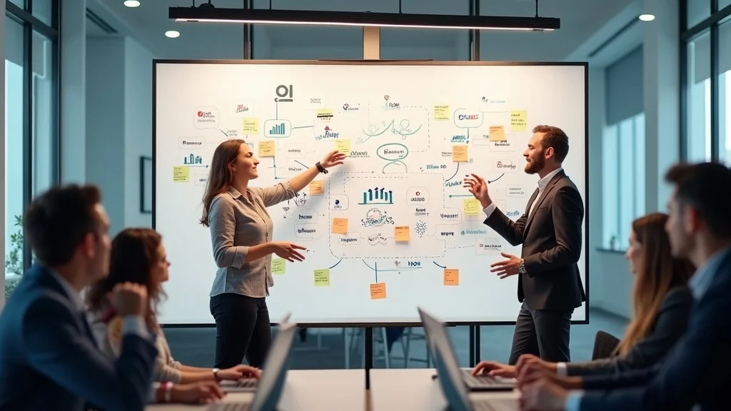 Ambitious entrepreneurs mapping strategy on a whiteboard at an Irvine startup incubator — irvine ca tech startup growth guide, photorealistic, collaborative workspace