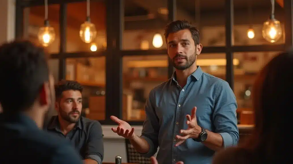 Orange County SaaS Startup Marketing Strategy - SaaS founder leading a local tech meetup in an upscale coffee shop with tech branding and engaged networking