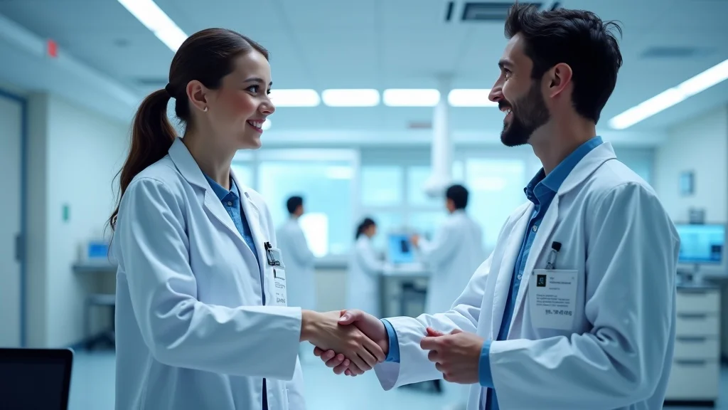 Collaborative tech professionals shaking hands in a medtech hub in Irvine — irvine ca tech startup growth guide, photorealistic, lab environment