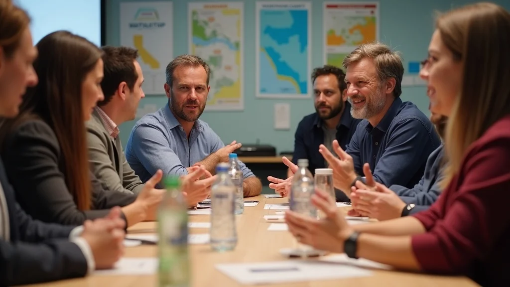 Group of professionals engaged in discussion during a meeting, emphasizing collaboration and innovation in the context of Orange County tech startups.