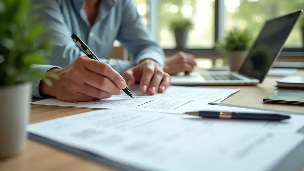 Person writing on document with pen, laptop in background, emphasizing due diligence and compliance in startup exit strategies.
