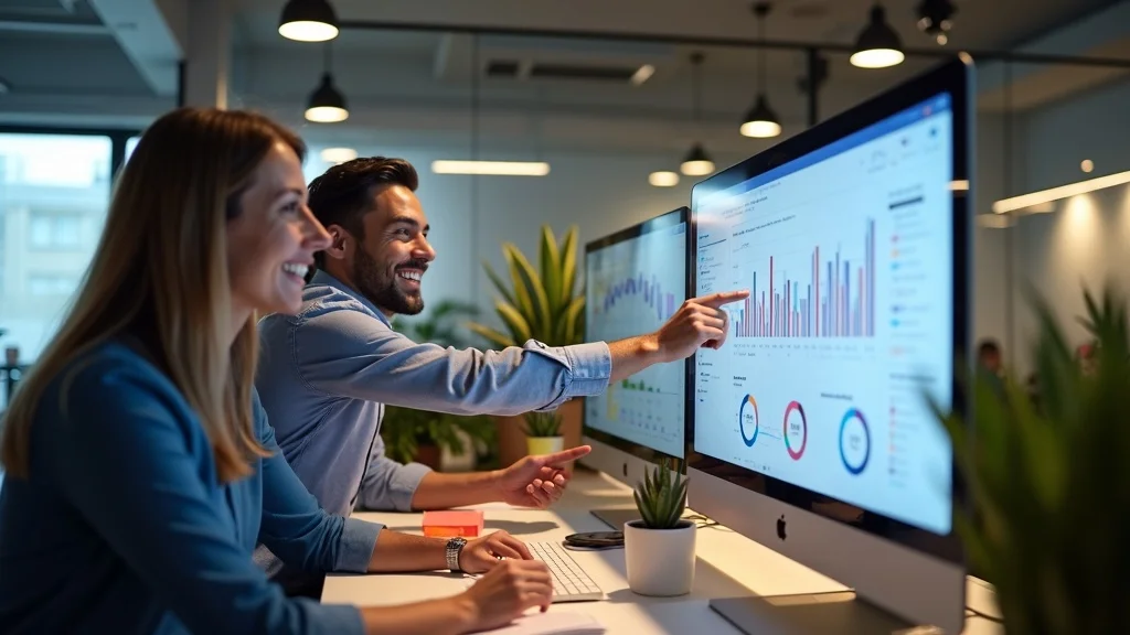 Two professionals analyzing growth metrics on computer screens in a modern office, with charts and graphs illustrating performance data, reflecting strategies for tech startups in Orange County.