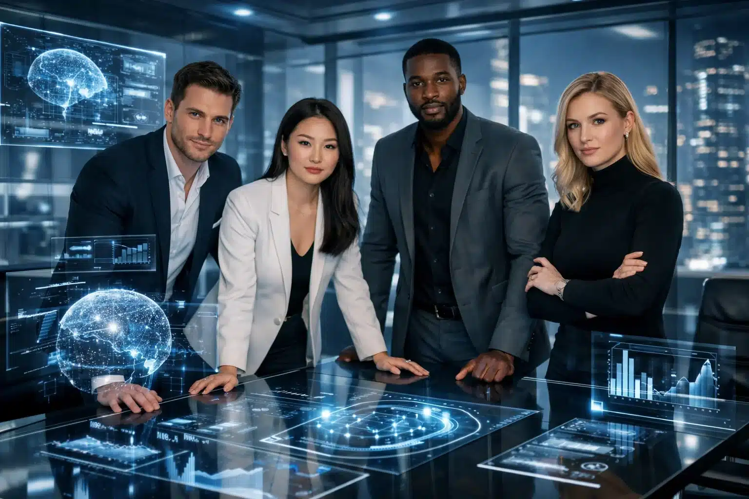 ai brand authority in business: confident, collaborative high-tech team gathered in a modern office with holographic digital interfaces and data visuals