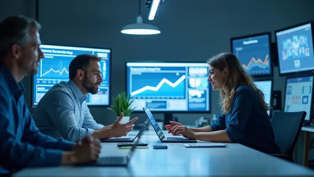 Orange County SaaS Startup Marketing Strategy - SaaS team collaborating with logistics partners in innovation lab, branded tech visuals in background