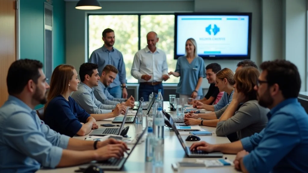 Group of professionals engaged in a collaborative meeting at a modern conference table, with laptops and water bottles, discussing healthtech innovations, featuring a presentation screen displaying a health-related logo.