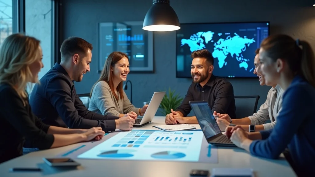 Collaborative tech startup team reviewing a business plan — teamwork in a high-tech Anaheim office filled with local startup branding and digital strategy boards