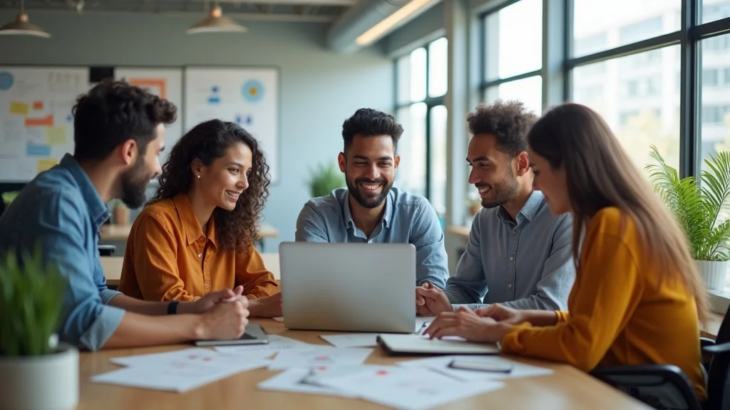 Group of diverse tech startup founders collaborating around a laptop, discussing brand strategy and storytelling in a modern workspace, with documents and charts visible on the table.