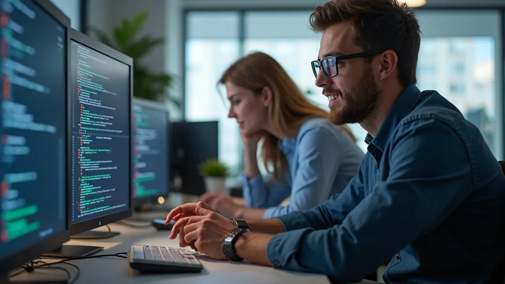 Software development team collaborating seamlessly in modern office using AI tools and automation