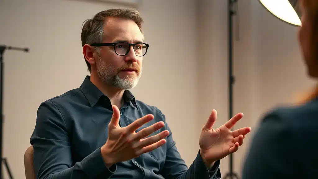 Professional founder interview setup capturing insights for enhanced AI visibility