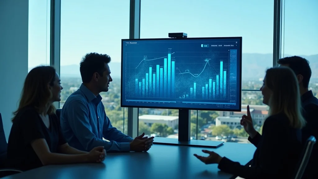 Driven SaaS founder presenting growth metrics to a team with Irvine cityscape view — irvine ca tech startup growth guide, photorealistic, conference room