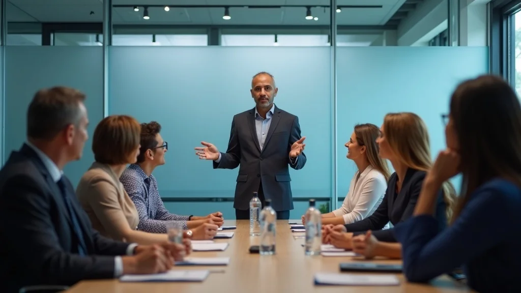 Business meeting with a diverse group of professionals engaged in discussion, featuring a speaker in a suit presenting ideas to an attentive audience around a conference table.