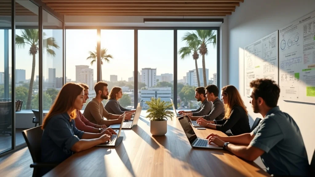 Group of diverse professionals collaborating in a modern office setting, engaged in digital marketing strategies for tech startups, with palm trees and city skyline visible through large windows.
