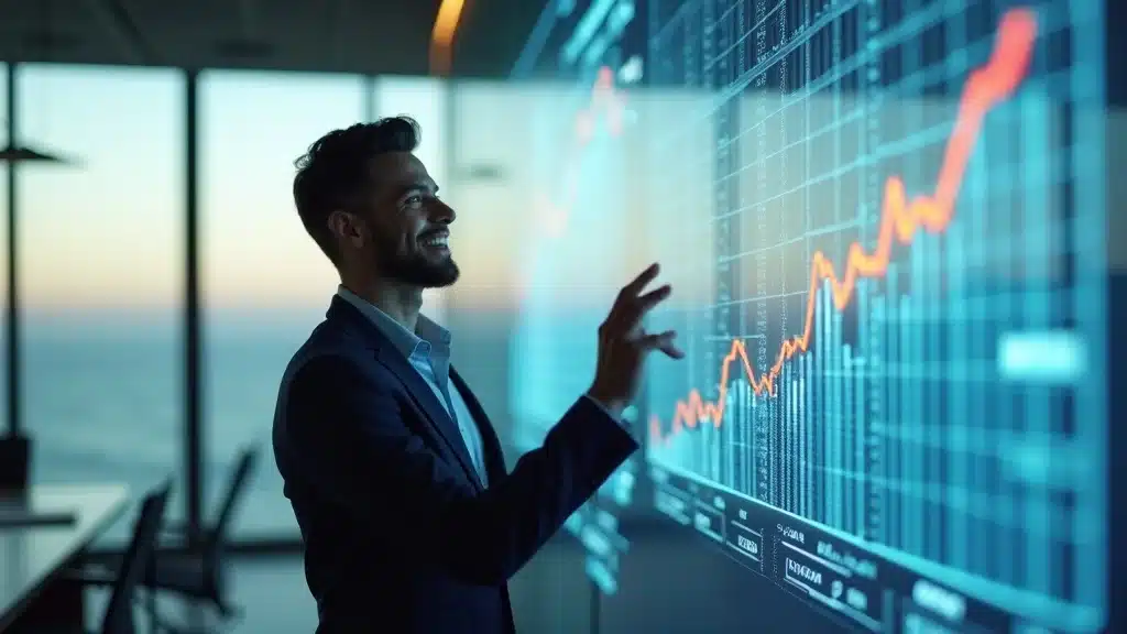 fractional executive search for orange county startups: Ambitious startup founder and investor — optimistic, analytical, smiling, gesturing toward growth charts projected on a glass wall, styled as photorealistic set in an upscale Orange County boardroom with ocean glimpses, featuring animated digital financials and sunlight streaming in, rendered with high clarity and subtle bokeh, ultra-realism, emphasized with deep blues and golds, under balanced office lighting, captured as if shot with an 85mm lens at f/1.8.