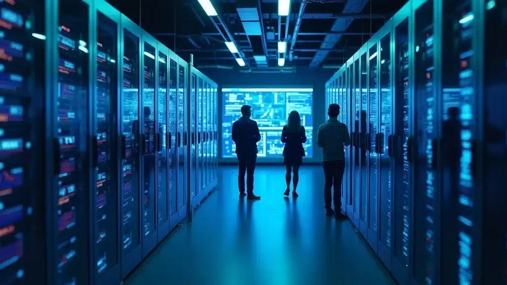ai infrastructure in venture capital trends, cutting-edge data center, IT professionals, energy efficient servers, cybersecurity in AI, photorealistic, glowing LED racks