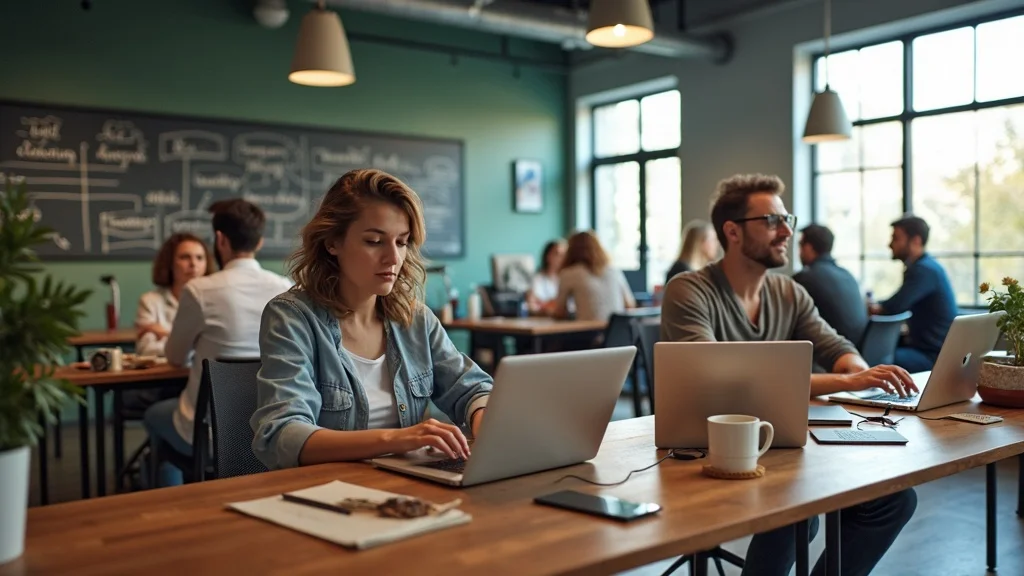 Engaged founders working on laptops in a vibrant Costa Mesa coworking space, fostering collaboration and innovation in the local startup ecosystem.