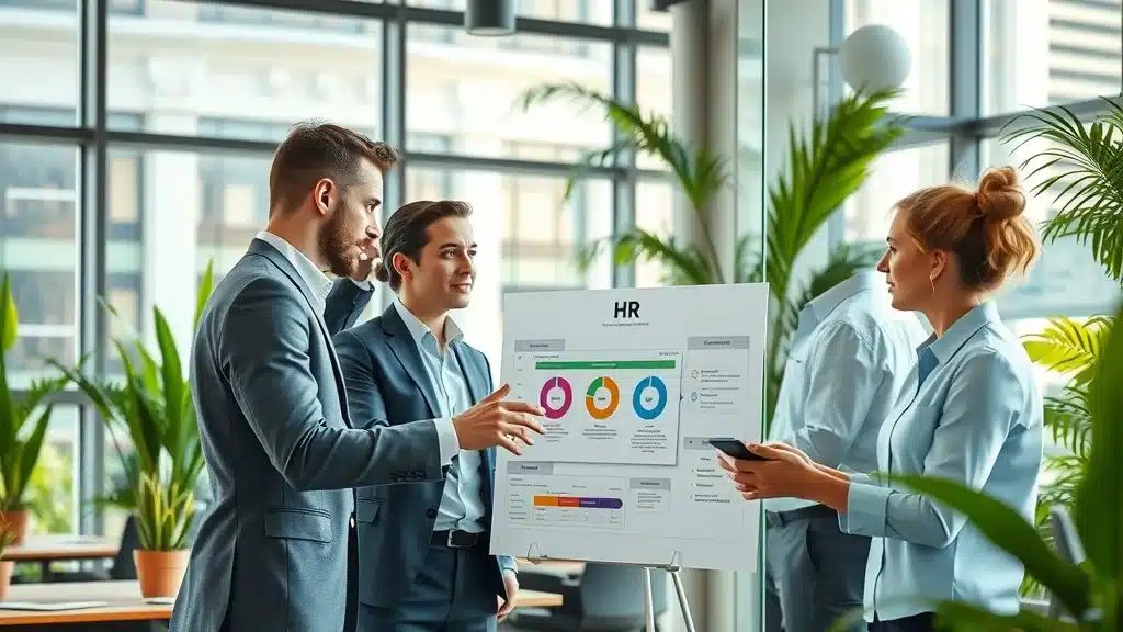 Dynamic business office with HR professional collaborating on workflow, exemplifying right-sized HR solutions