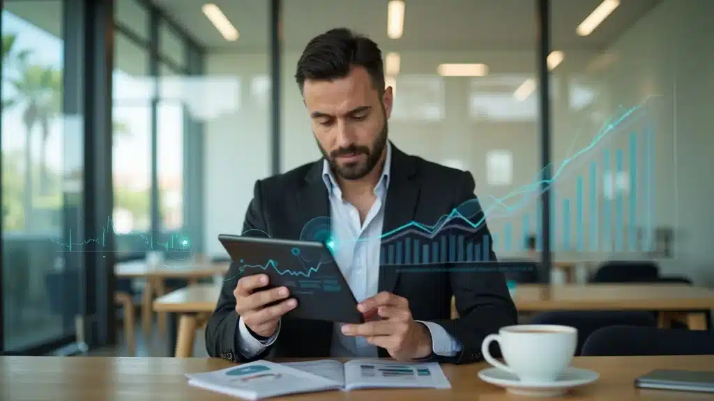 fractional executive search for orange county startups: Distinguished portfolio executive — confident, approachable, dynamic expression, depicted reviewing multiple digital company profiles on a tablet, styled as photorealistic set in a modern coworking space in Newport Beach with palm trees visible through windows, featuring subtle motion of digital charts and coffee cups, rendered with sharp depth, natural skin texture, ultra-realism, emphasized with warm neutrals and soft greens, under indirect daylight, captured with a 50mm prime lens.