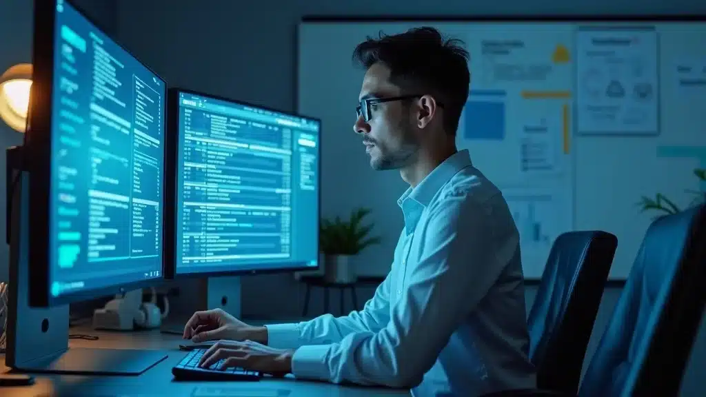 fractional executive search for orange county startups: Expert fractional CTO — focused, thoughtful, professional expression, examining complex AI compliance data on multiple screens, styled as photorealistic set in a tech-centric Orange County office with whiteboards full of regulatory notes, featuring glow from digital displays and scattered compliance checklists, rendered with high definition textures, ultra-realism, emphasized with cool grays and tech-inspired blues, under soft artificial lighting, captured as if shot with a 24-70mm lens.