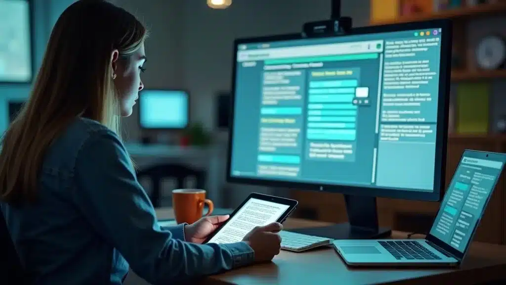 Content strategist reviewing succinct direct answer blocks on screens; answer engine optimization for AI search content, content studio environment.