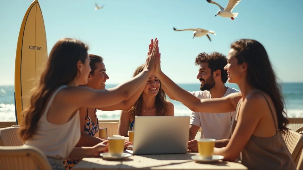 Young founder team celebrating their first product launch at a Huntington Beach beachside café—team high-fives, surfboards, ocean vibe, startup swag