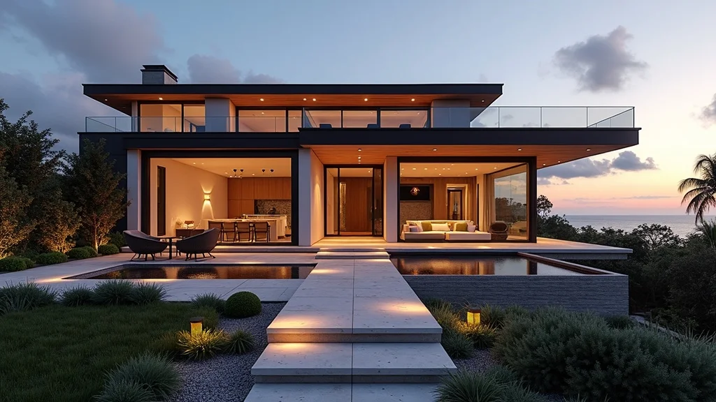 Modern luxury home in Orange County with sleek architecture, illuminated patio, and landscaped garden, showcasing outdoor living spaces and ocean views.