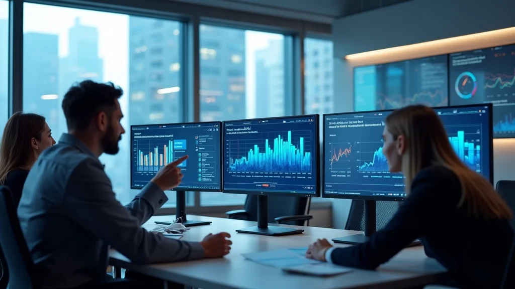 Business team analyzing website analytics with focus on zero-click searches and answer engines, photorealistic, modern conference room, large digital screens showing AI overview statistics.