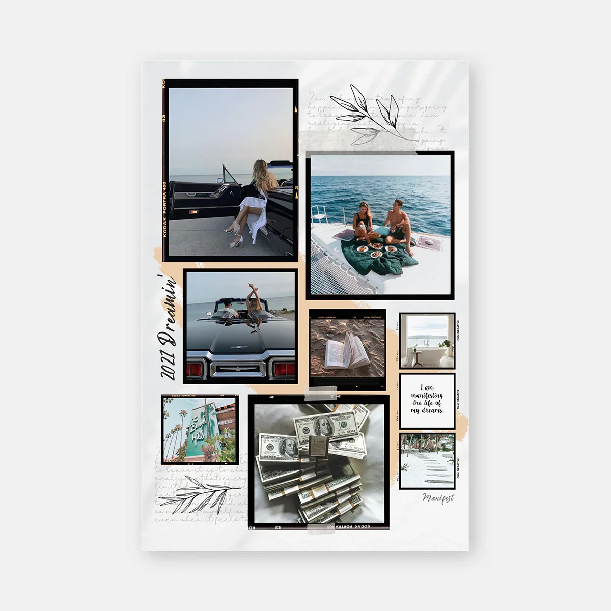 Vision board collage featuring lifestyle imagery, motivational quotes, and aesthetic elements, illustrating themes of aspiration and goal-setting for team alignment and corporate culture.